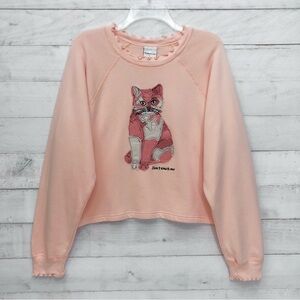 Teddy Fresh Cat Patchwork Sweatshirt Sweater Top • Peach • Sz L • EUC
